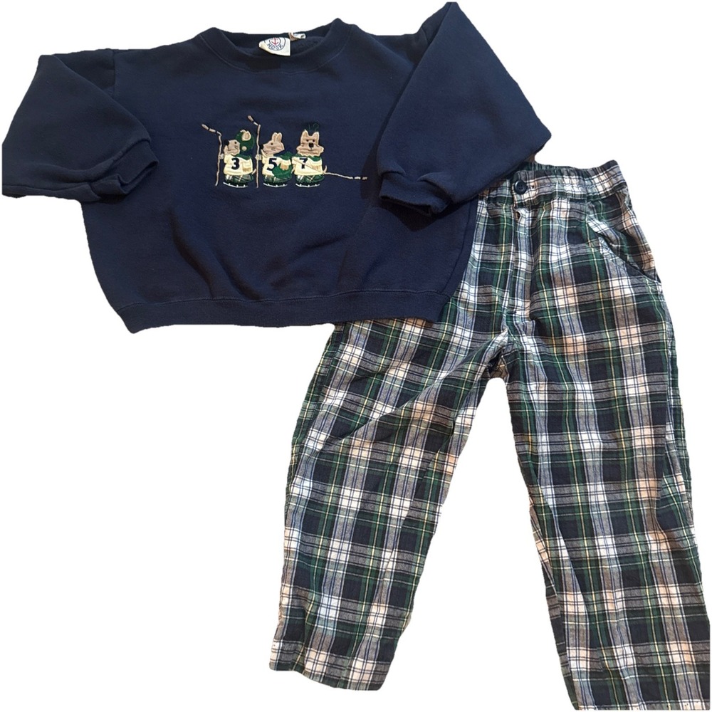 Vintage J.G. Hook Set Boys Hockey 2 Piece Red Navy Blue Plaid Outfit 90s Size 7